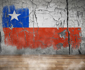 Chile Flag Paint on empty Cracked wall room and Wooden Floor with smoke Single Flag 