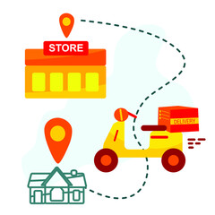 Online delivery service, online order tracking, home and office delivery. A truck, a scooter, a masked courier. Vector illustration