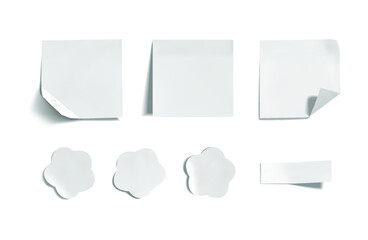 Vector set of white memo stickers, white paper, 3D blank mock ups isolated on white background.
