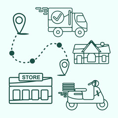 Online delivery service, online order tracking, home and office delivery. A truck, a scooter, a masked courier. Vector illustration