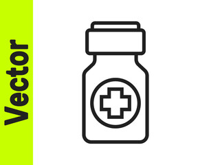 Obraz premium Black line Medicine bottle and pills icon isolated on white background. Bottle pill sign. Pharmacy design. Vector
