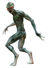 3D Rendering Green Alien on White