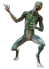 3D Rendering Green Alien on White