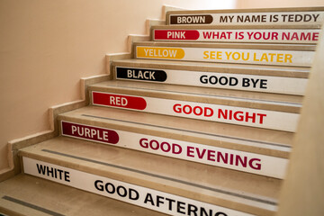 english terms and colors on the elementary school staircase