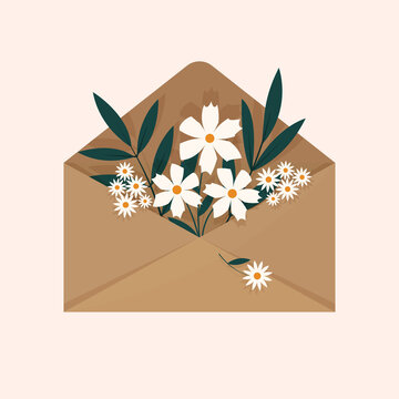A bouquet of flowers inside the envelope on a light background. Flat illustration design. Illustration of an envelope with daisies, green and red flowers. Flowers inside the envelope