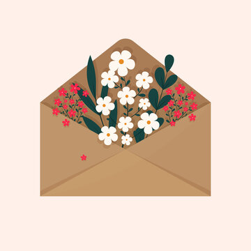 A bouquet of flowers inside the envelope on a light background. Flat illustration design. Illustration of an envelope with daisies, green and red flowers. Flowers inside the envelope