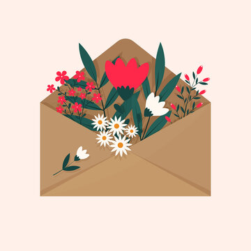 A bouquet of flowers inside the envelope on a light background. Flat illustration design. Illustration of an envelope with daisies, green and red flowers. Flowers inside the envelope