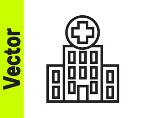 Obraz premium Black line Medical hospital building with cross icon isolated on white background. Medical center. Health care. Vector