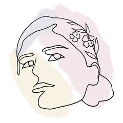 One line woman's face art. Abstract spots of pastel colors on the background. Composition in contemporary style. Beautiful girl, design for poster or print. Vector hand draw illustration.