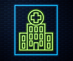 Glowing neon line Medical hospital building with cross icon isolated on brick wall background. Medical center. Health care. Vector