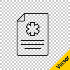 Black line Medical clipboard with clinical record icon isolated on transparent background. Health insurance form. Prescription, medical check marks report. Vector