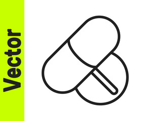 Black line Medicine pill or tablet icon isolated on white background. Capsule pill and drug sign. Pharmacy design. Vector