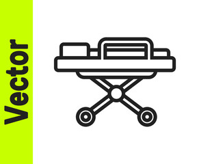 Black line Stretcher icon isolated on white background. Patient hospital medical stretcher. Vector