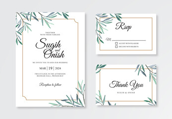 Obraz premium Minimalist wedding card invitation template with watercolor foliage