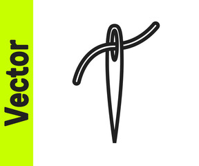 Black line Needle for sewing with thread icon isolated on white background. Tailor symbol. Textile sew up craft sign. Embroidery tool. Vector