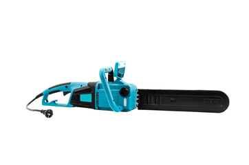 Blue hand electric chainsaw isolated on white background