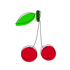 Single continuous line art, illustration of colored cherry. Environmental protection concept, eco natural farm concept, Earth day, organic food, vegan products. Sketch outline vector