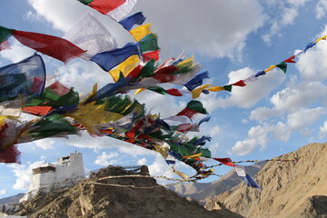 colorful buddhist praying flags flutter in the wind in india, himalayan scenery with a stupa, a sacred temple on a mountain