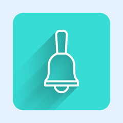 White line Ringing bell icon isolated with long shadow. Alarm symbol, service bell, handbell sign, notification symbol. Green square button. Vector
