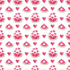 Seamless pattern with watercolor watermelon slices on white background. Perfect for wrapping paper and fabric textile.
