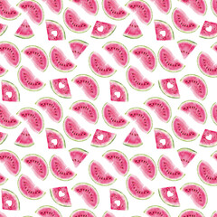 Seamless pattern with watercolor watermelon slices on white background. Perfect for wrapping paper and fabric textile.

