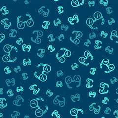 Fototapeta na wymiar Green line Glasses icon isolated seamless pattern on blue background. Eyeglass frame symbol. Vector