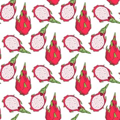 Seamless pink dragon fruit pattern. Exotic fruits on a white background. Hawaiian food. Healthy eating. Trendy illustrated pattern of summer fruits. Beautiful design for wallpapers, textile