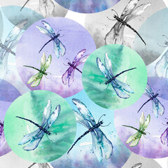 Seamless watercolor abstract background with beautiful pink feathers.Vintage illustration with an abstract  paint glue. For textiles, material, wallpapers. Watercolor card with a picture of dragonfly