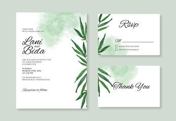 Minimalist wedding card invitation template with watercolor foliage