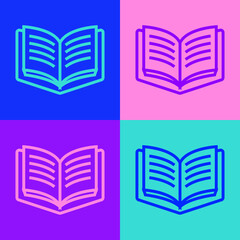 Pop art line Open book icon isolated on color background. Vector