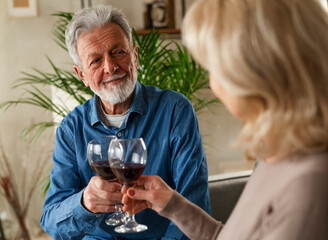 Senior woman and man drinking wine at home. Husband and wife celebrate the anniversary..