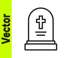 Obraz premium Black line Grave with tombstone icon isolated on white background. Vector