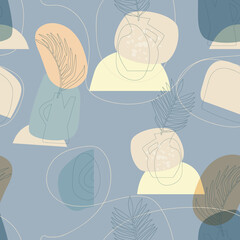 Seamless pattern with abstract composition of simple shapes. Tropical palm leaves in a vase. Collage style, minimalism. Pastel earthy colors. Vector background for cover, print for clothes, textiles
