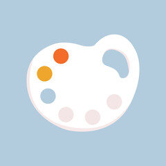 Paint palette. Isolated white palette with paint colors for drawing on a blue background. Blue, yellow, and red. An artist's tool. Icon, sticker. Stylish vector illustration in a flat style.