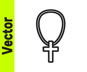 Black line Christian cross on chain icon isolated on white background. Church cross. Vector