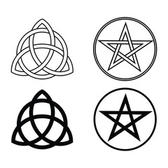 Pentagram and Triad. Stencil or icons of mystical signs. Vector illustration. 