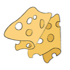 Appetizing beautiful piece of yellow hard royal cheese with big holes. Slicing cheese for a beer, wine plate. Simple icon with food for menu, brochure, website, advertising. Hand drawing, doodle, flat