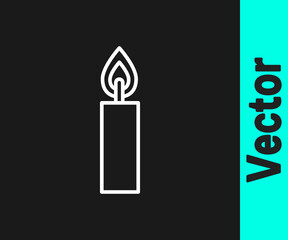 White line Burning candle icon isolated on black background. Cylindrical candle stick with burning flame. Vector
