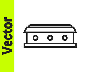 Black line Coffin with christian cross icon isolated on white background. Happy Halloween party. Vector