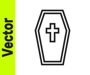 Black line Coffin with christian cross icon isolated on white background. Happy Halloween party. Vector