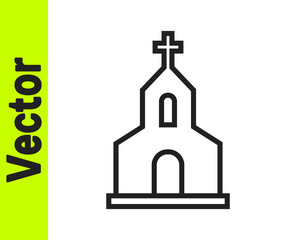 Black line Church building icon isolated on white background. Christian Church. Religion of church. Vector