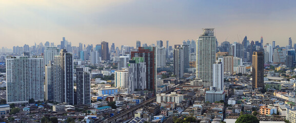 Panorama aerial view of downtown Sukhumvit urban area of Bangkok for cityscape and development concept