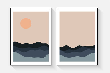 A set of trendy minimalist landscape abstract modern collages with images of the sea, moon, sun, sunrise,sunset. Wall decor in pastel colors in boho style. Artistic wall art of the early mid-century.