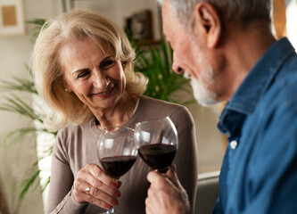 Senior woman and man drinking wine at home. Husband and wife celebrate the anniversary..