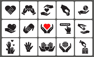 Charity icon set. Collection of donate, volunteer, hope and more.