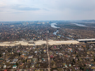 Bridge under construction in Kiev. Aerial drone view.