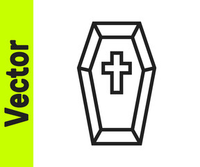 Obraz premium Black line Coffin with christian cross icon isolated on white background. Happy Halloween party. Vector