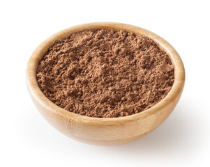 Cocoa powder in wooden bowl isolated on white background with clipping path