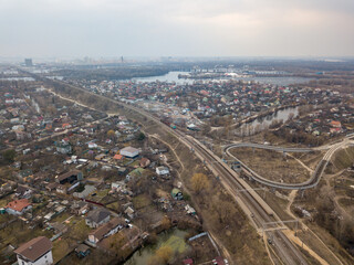Railway in the city. Aerial drone view.