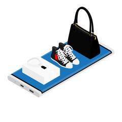 Online fashion shopping concept. Women handbag, converse shoes and t-shirt lying on smartphone screen